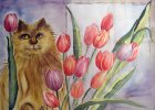 Katze mit Tulpen, 60 x 50, Aquarell